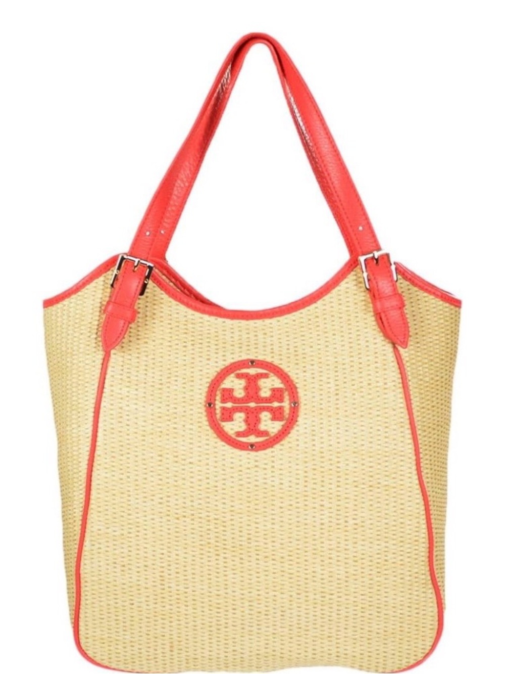 Tory Burch Raffia Straw Tote with Poppy Red Leather Trim - Picture 4 of 11